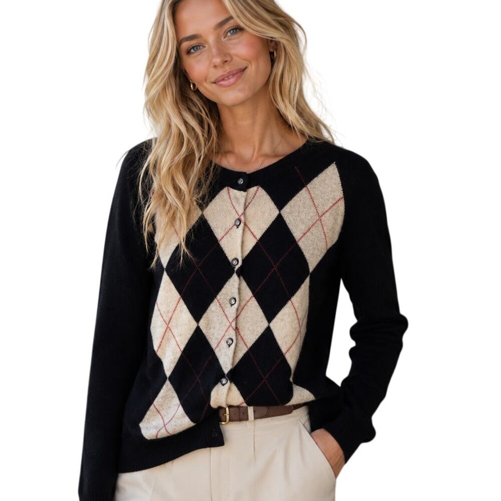 Apt. 9 Argyle Cashmere Cardigan Womens XL Black Cream Preppy Sweater